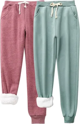 2 Pack: Fleece Sherpa Lined Sweatpants Women Winter Warm Athletic Hiking Running Thermal Joggers Lounge Track Pants