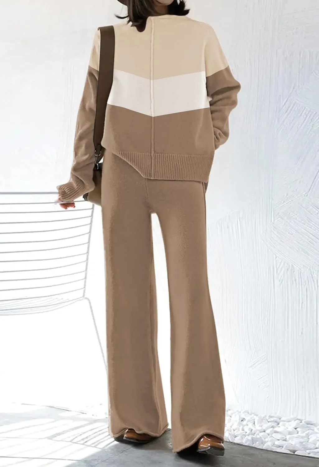 AOHITE Womens 2 Piece Outfit Set Long Sleeve Knit Pullover Sweater Top and Wide Leg Pants Sweatsuit
