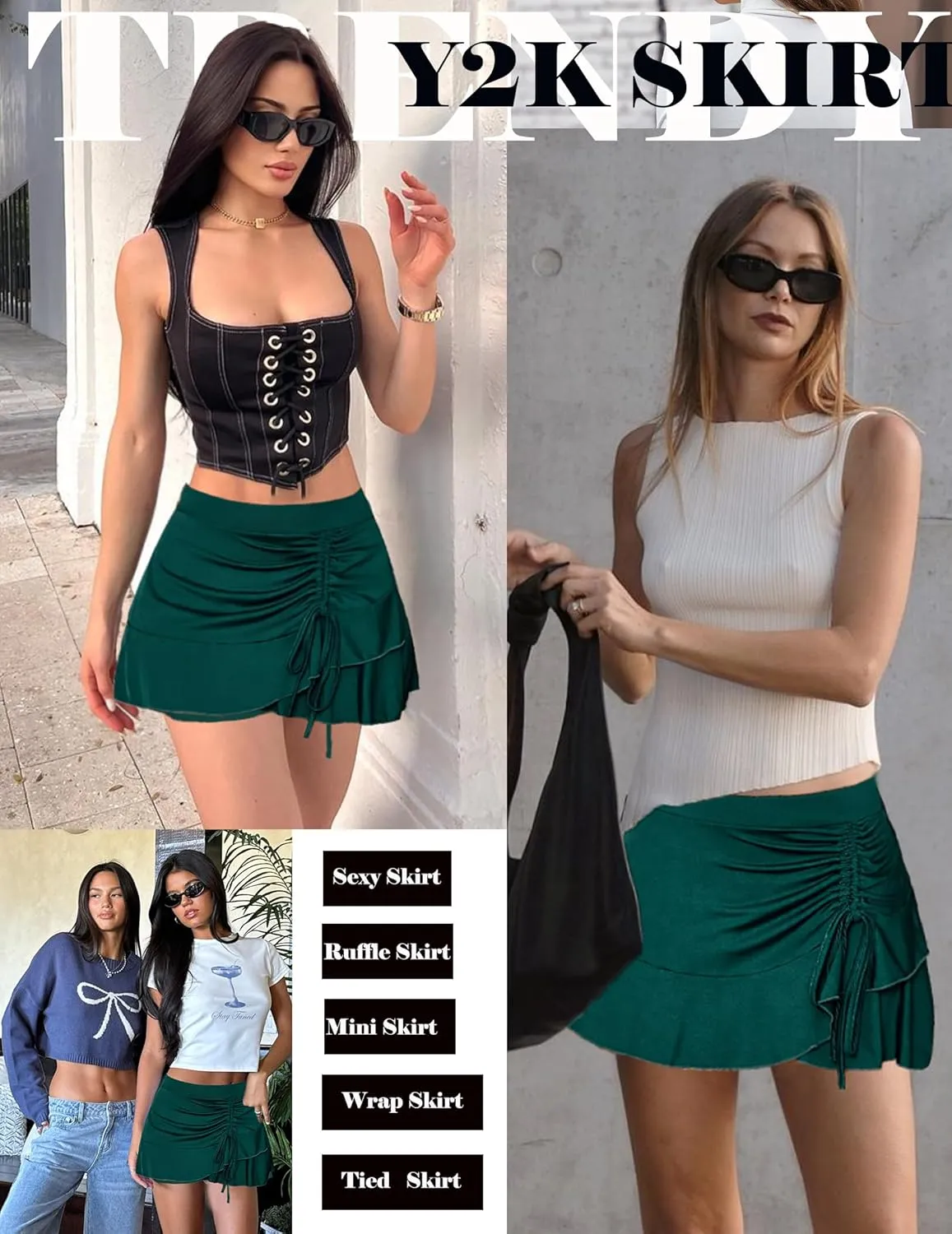 Avidlove Womens Pleated Mini Skirts Drawstring Wrap Ruffle Mini Skirt Sexy Y2k Skirt Ruched Tennis Skater Skirt