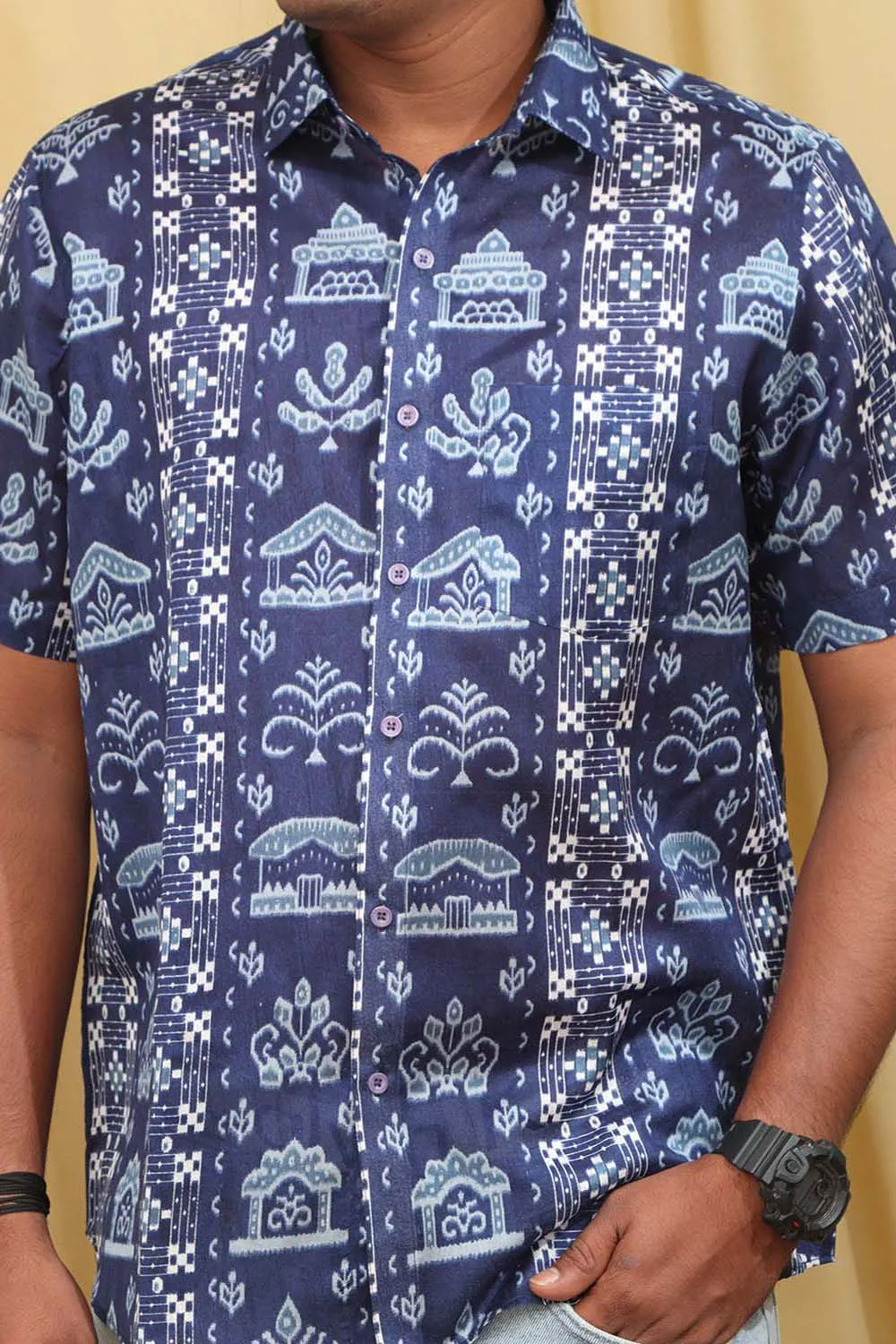 Blue Silk Sambalpuri Print Shirt: Digital Printed
