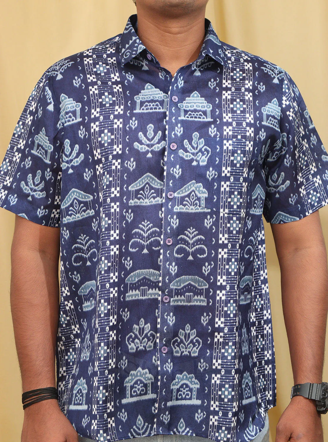 Blue Silk Sambalpuri Print Shirt: Digital Printed