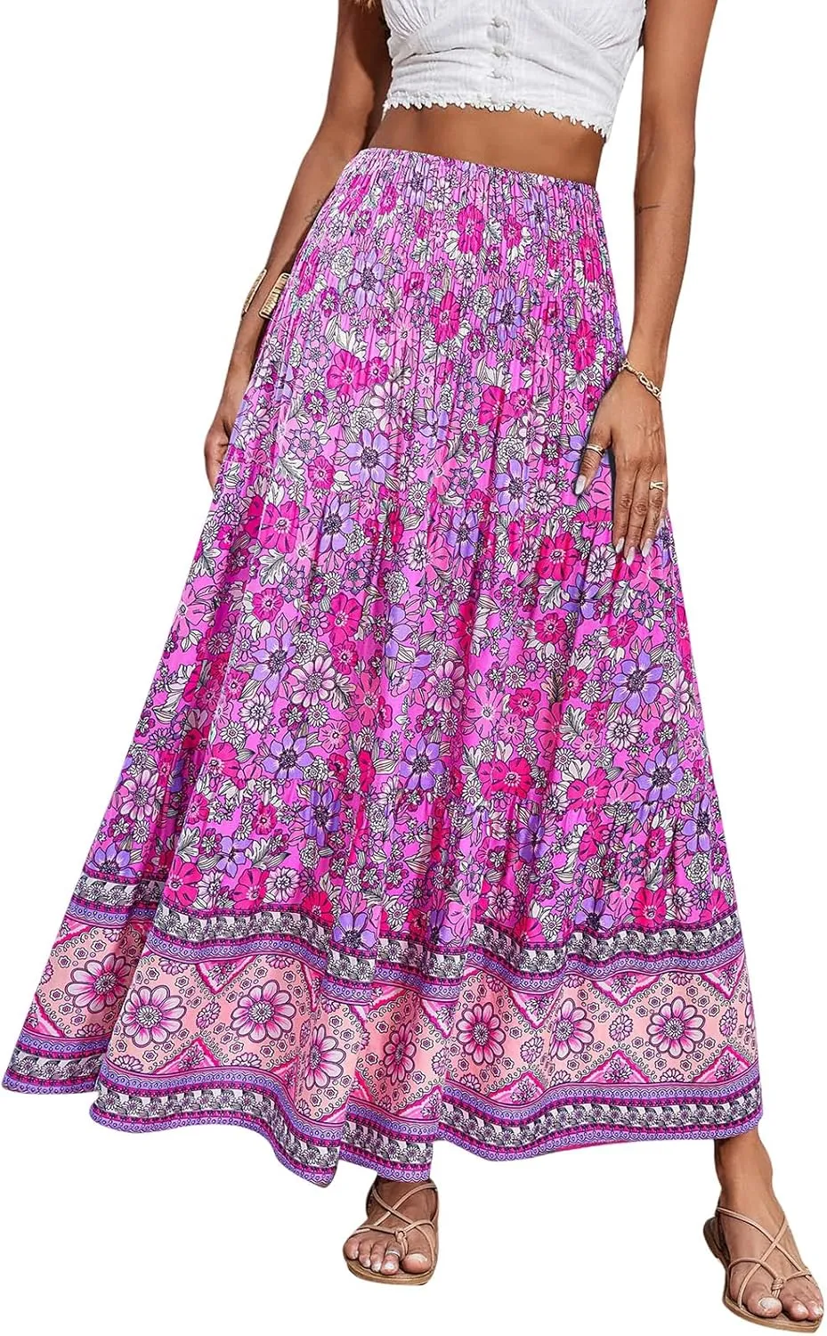 Boho Maxi Skirt for Women Summer Flowy Elastic High Waist Floral Print Skirts Fashion Tunic Color Block Beach Skirts