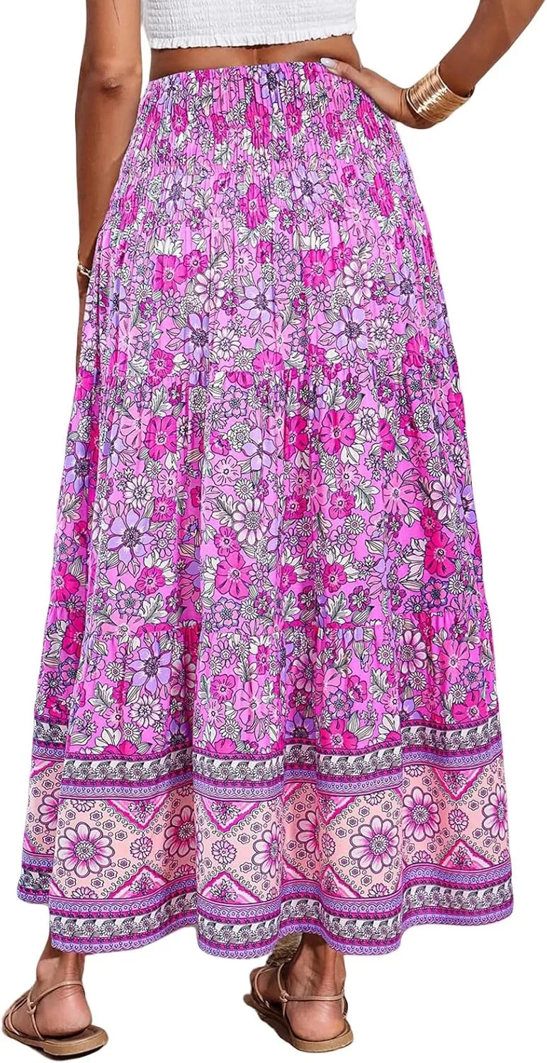Boho Maxi Skirt for Women Summer Flowy Elastic High Waist Floral Print Skirts Fashion Tunic Color Block Beach Skirts