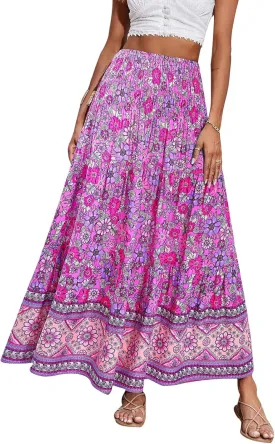 Boho Maxi Skirt for Women Summer Flowy Elastic High Waist Floral Print Skirts Fashion Tunic Color Block Beach Skirts