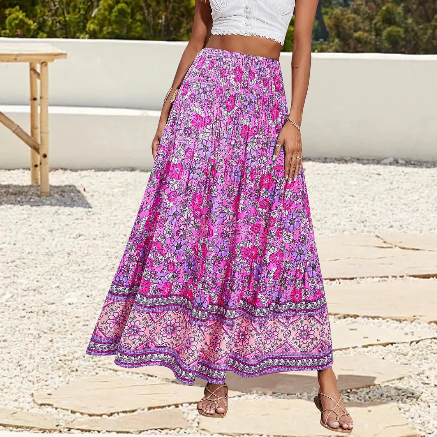 Boho Maxi Skirt for Women Summer Flowy Elastic High Waist Floral Print Skirts Fashion Tunic Color Block Beach Skirts