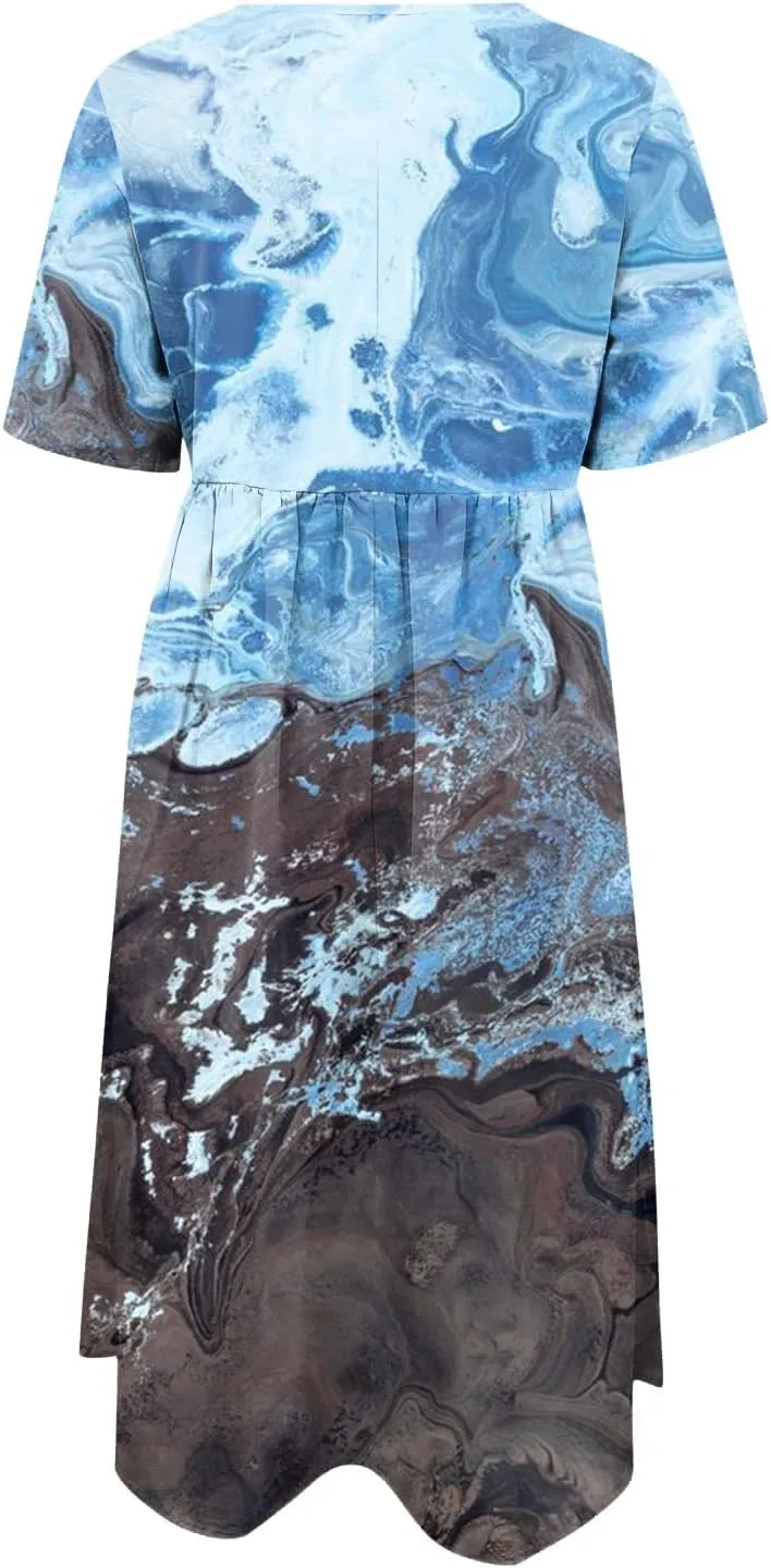 Casual Dresses for Women 2024 Plus Size Print Basic Dresses Summer Short Sleeve Flowy O Neck Dress with Pockets