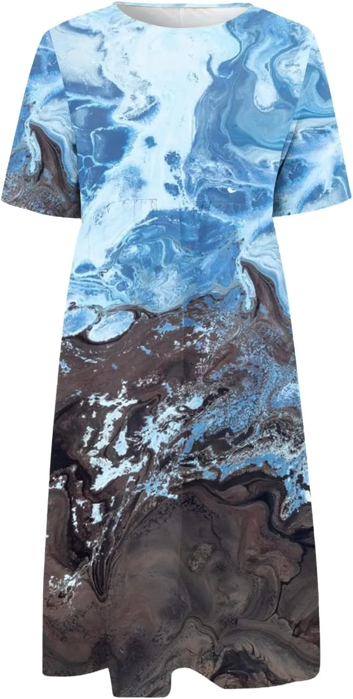 Casual Dresses for Women 2024 Plus Size Print Basic Dresses Summer Short Sleeve Flowy O Neck Dress with Pockets