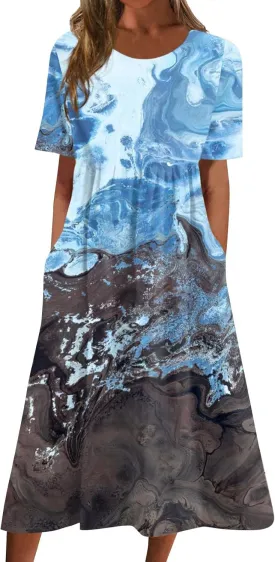 Casual Dresses for Women 2024 Plus Size Print Basic Dresses Summer Short Sleeve Flowy O Neck Dress with Pockets