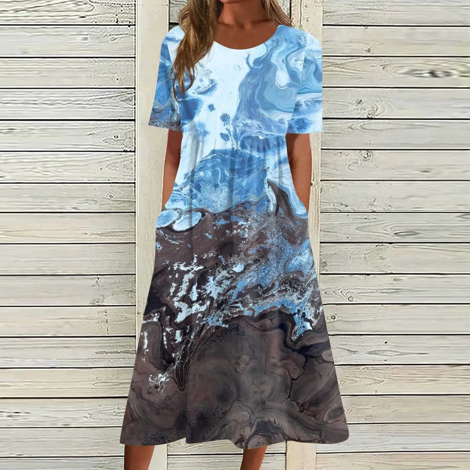 Casual Dresses for Women 2024 Plus Size Print Basic Dresses Summer Short Sleeve Flowy O Neck Dress with Pockets
