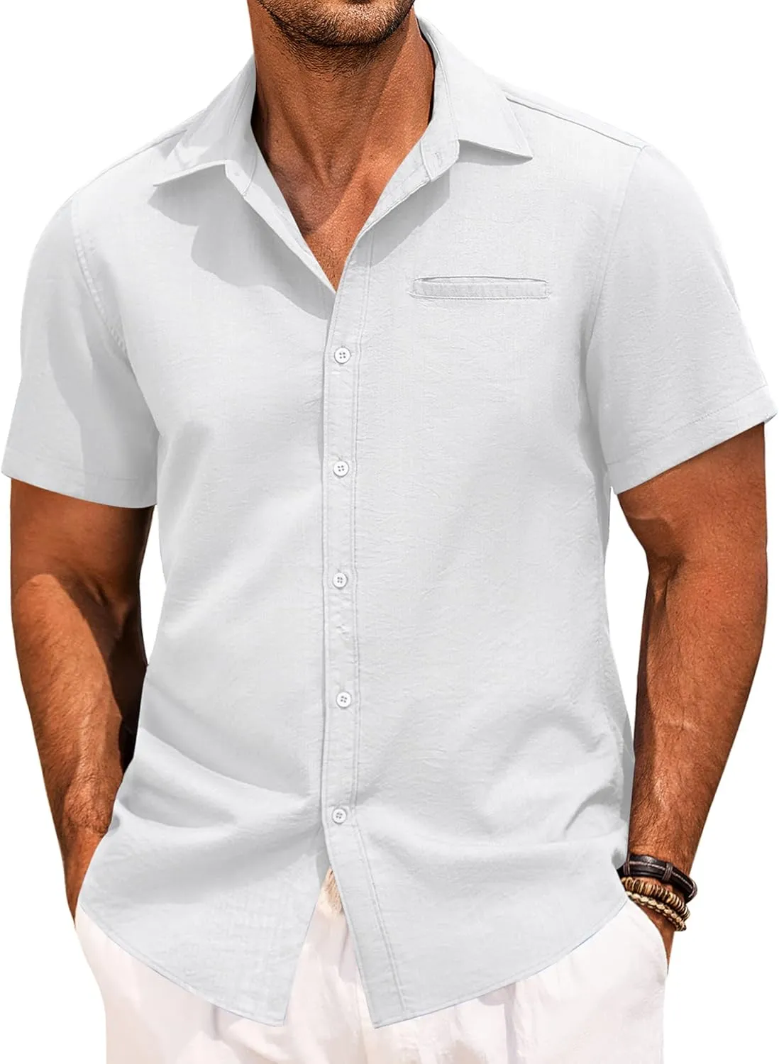 COOFANDY Mens Casual Linen Shirt Short Sleeve Button Down Shirt Summer Beach Hawaiian Shirts