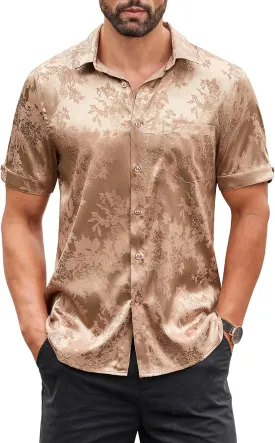 COOFANDY Mens Silk Button Down Short Sleeve Shirt Satin Dress Shirts Summer Beach Wedding Shirt