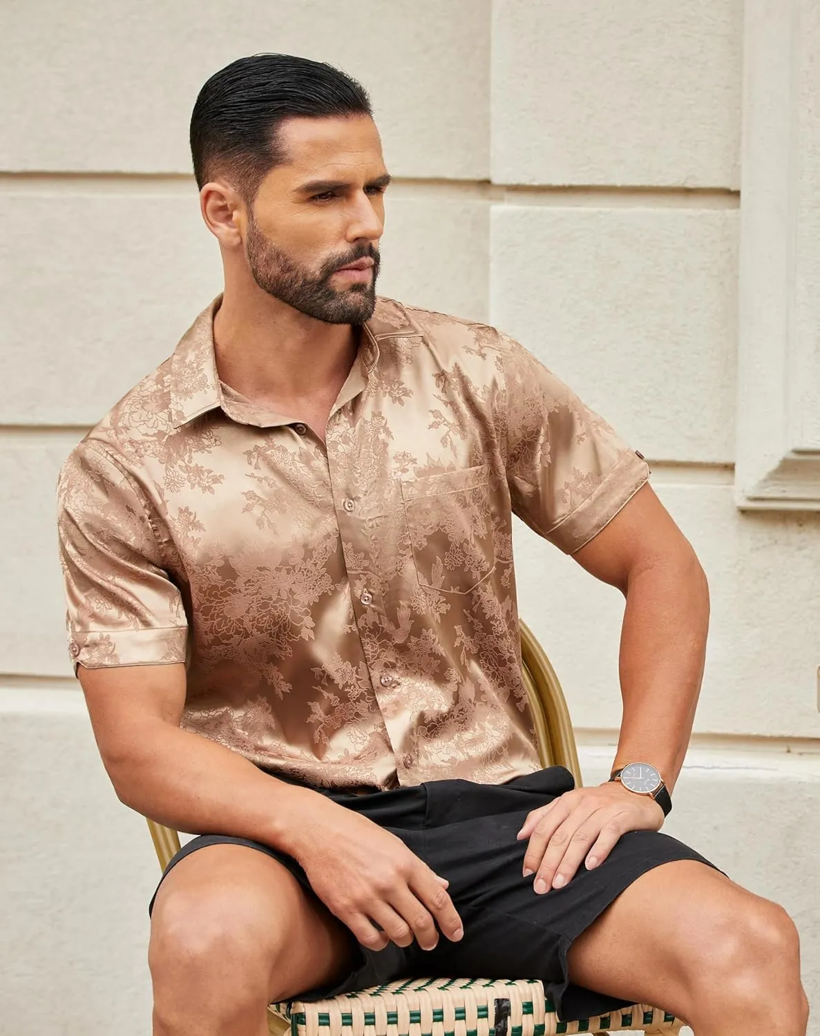 COOFANDY Mens Silk Button Down Short Sleeve Shirt Satin Dress Shirts Summer Beach Wedding Shirt
