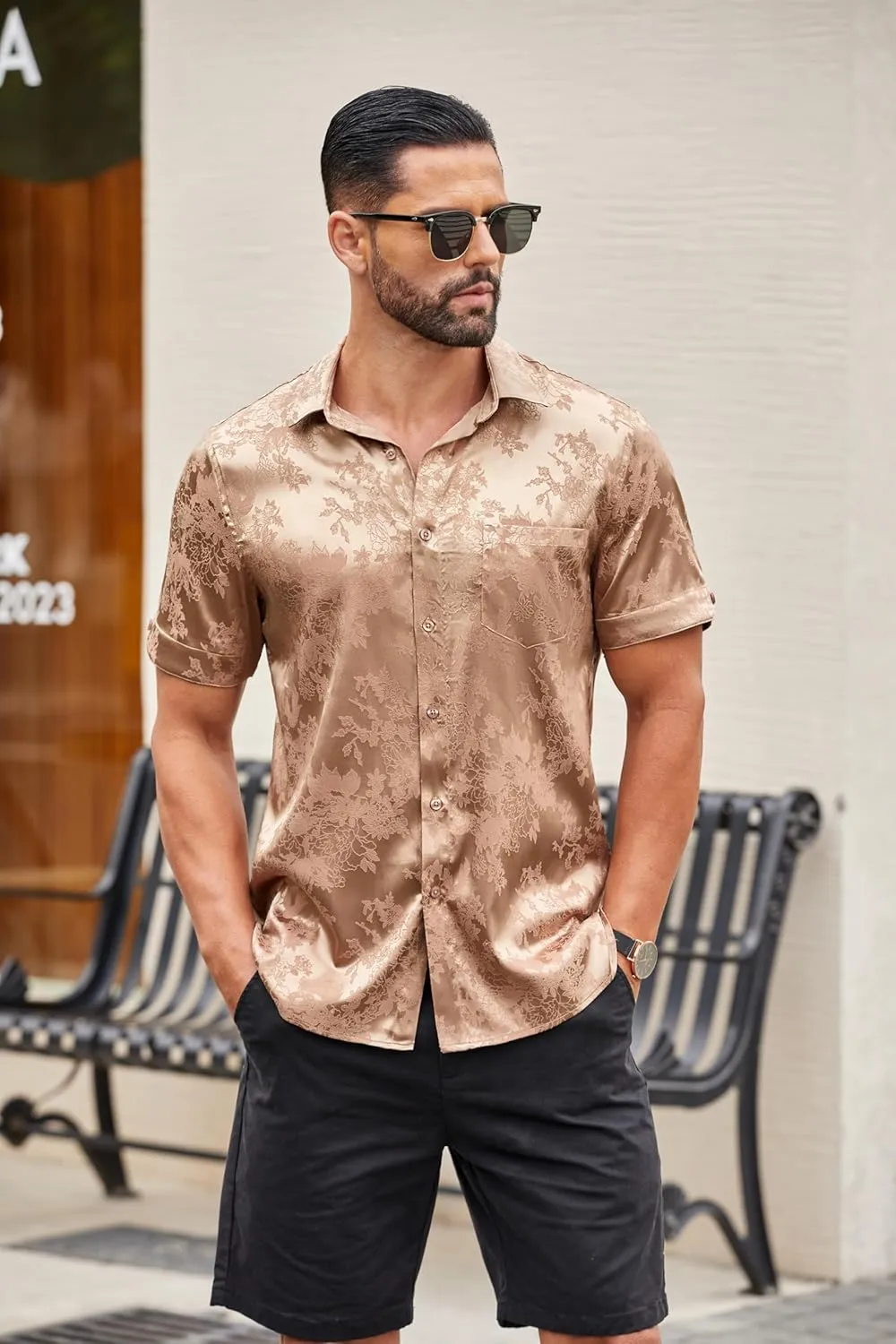 COOFANDY Mens Silk Button Down Short Sleeve Shirt Satin Dress Shirts Summer Beach Wedding Shirt