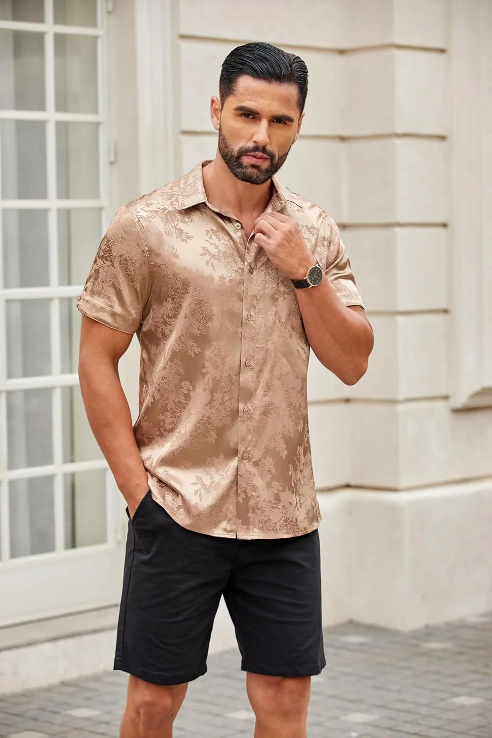 COOFANDY Mens Silk Button Down Short Sleeve Shirt Satin Dress Shirts Summer Beach Wedding Shirt