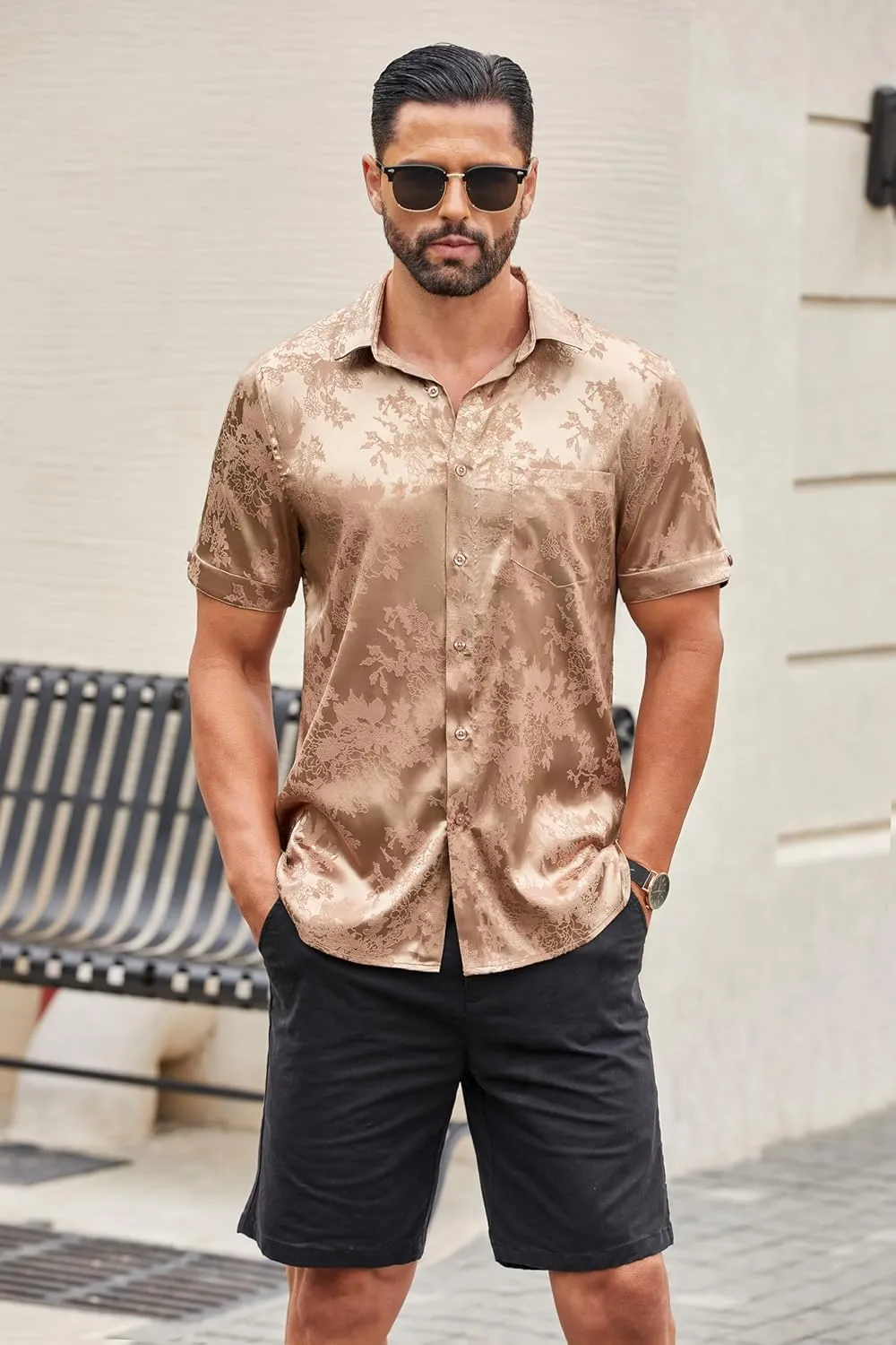 COOFANDY Mens Silk Button Down Short Sleeve Shirt Satin Dress Shirts Summer Beach Wedding Shirt