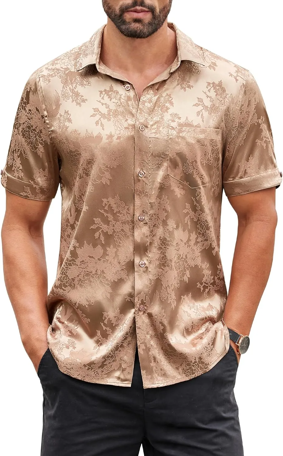 COOFANDY Mens Silk Button Down Short Sleeve Shirt Satin Dress Shirts Summer Beach Wedding Shirt