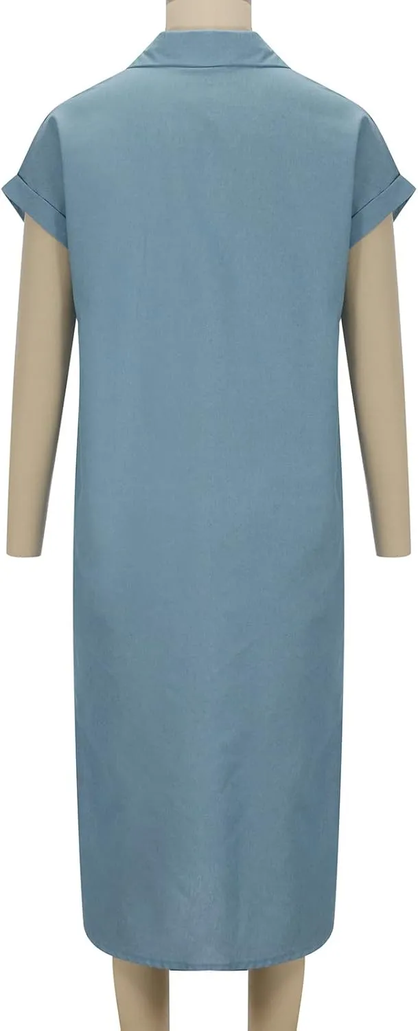 Firzero Women Casual Denim Shirt Dresses, Bell Sleeve Denim Button Dress Shirt Collar with Pockets