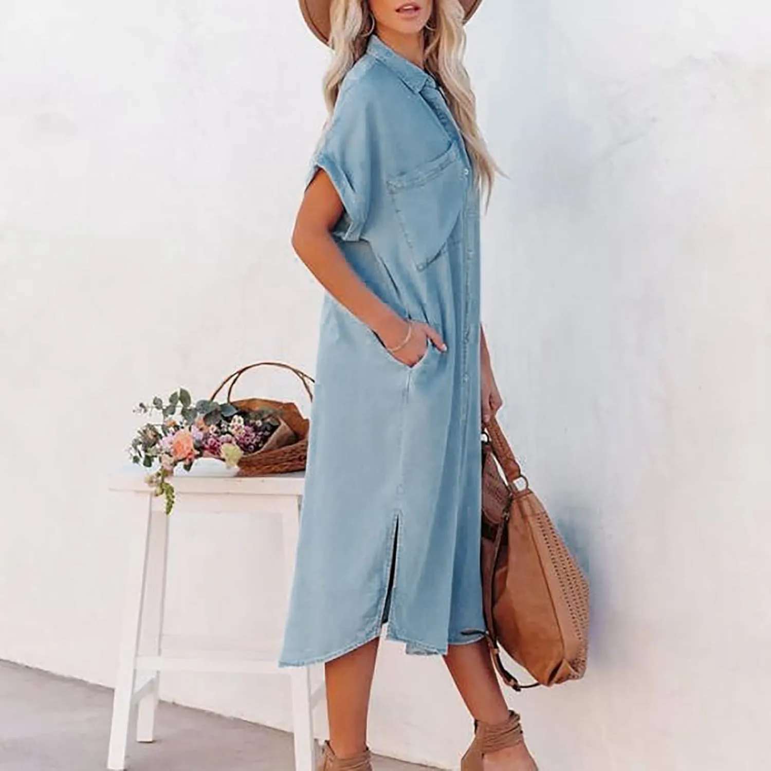 Firzero Women Casual Denim Shirt Dresses, Bell Sleeve Denim Button Dress Shirt Collar with Pockets
