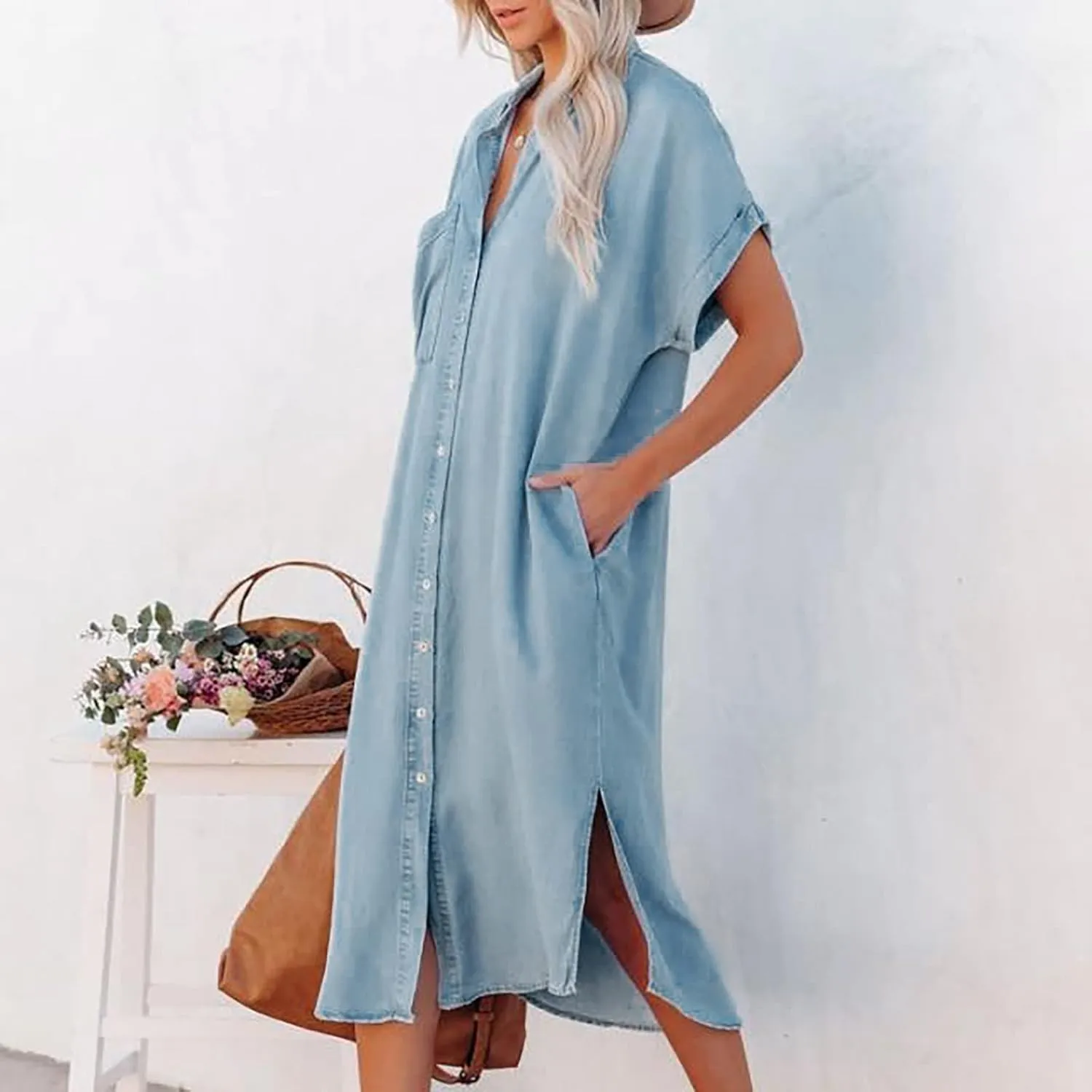 Firzero Women Casual Denim Shirt Dresses, Bell Sleeve Denim Button Dress Shirt Collar with Pockets