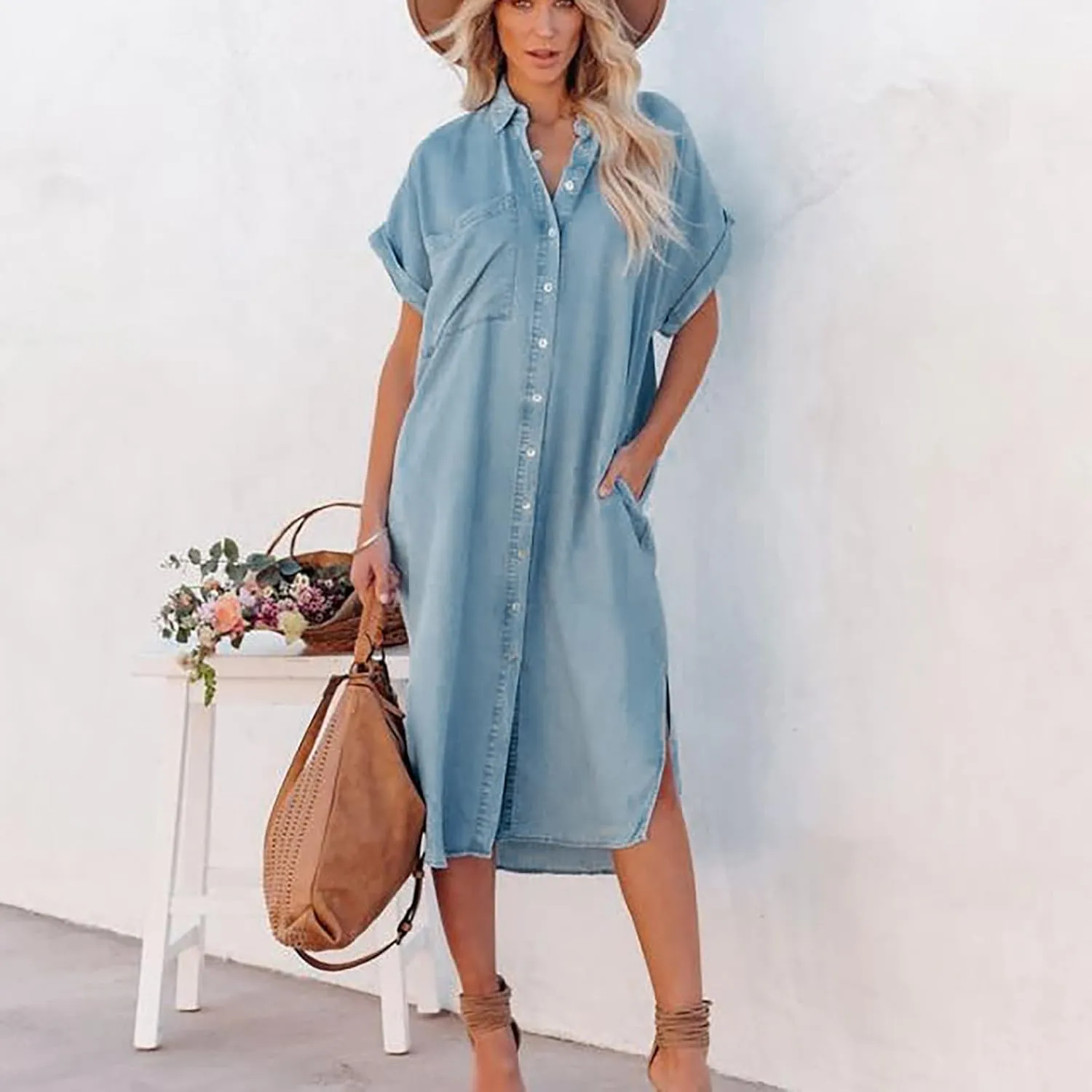 Firzero Women Casual Denim Shirt Dresses, Bell Sleeve Denim Button Dress Shirt Collar with Pockets