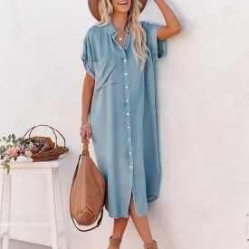 Firzero Women Casual Denim Shirt Dresses, Bell Sleeve Denim Button Dress Shirt Collar with Pockets