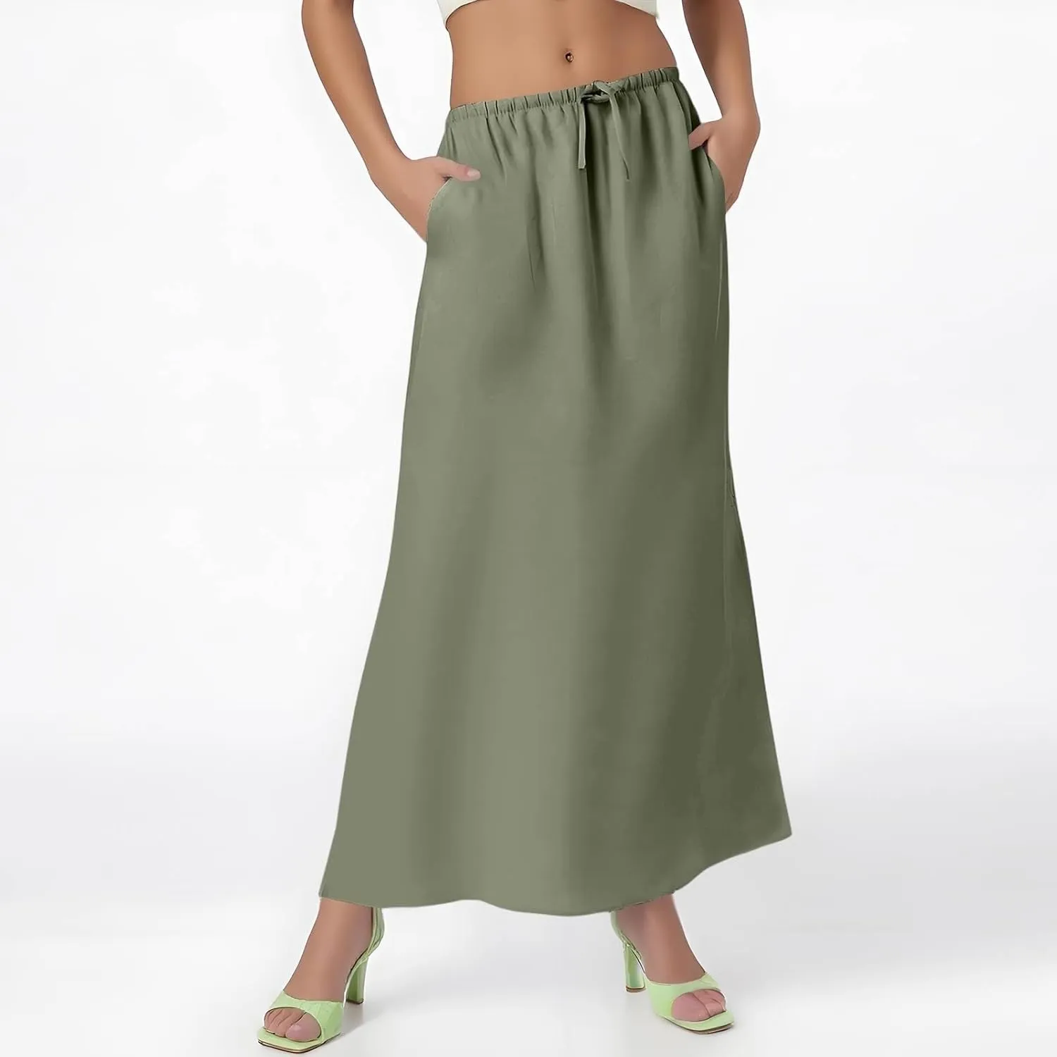 Flared Maxi Skirt for Women Summer Comfortable Drawstring High Waisted Skort Casual Solid Color A Line Beach Skirts