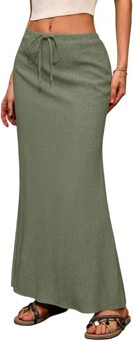 Flared Maxi Skirt for Women Summer Comfortable Drawstring High Waisted Skort Casual Solid Color A Line Beach Skirts