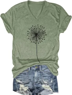 Flower Kindly Shirt for Women Funny Wildflower Plant T-Shirt Bohemian Summer Vacation V Neck Tops