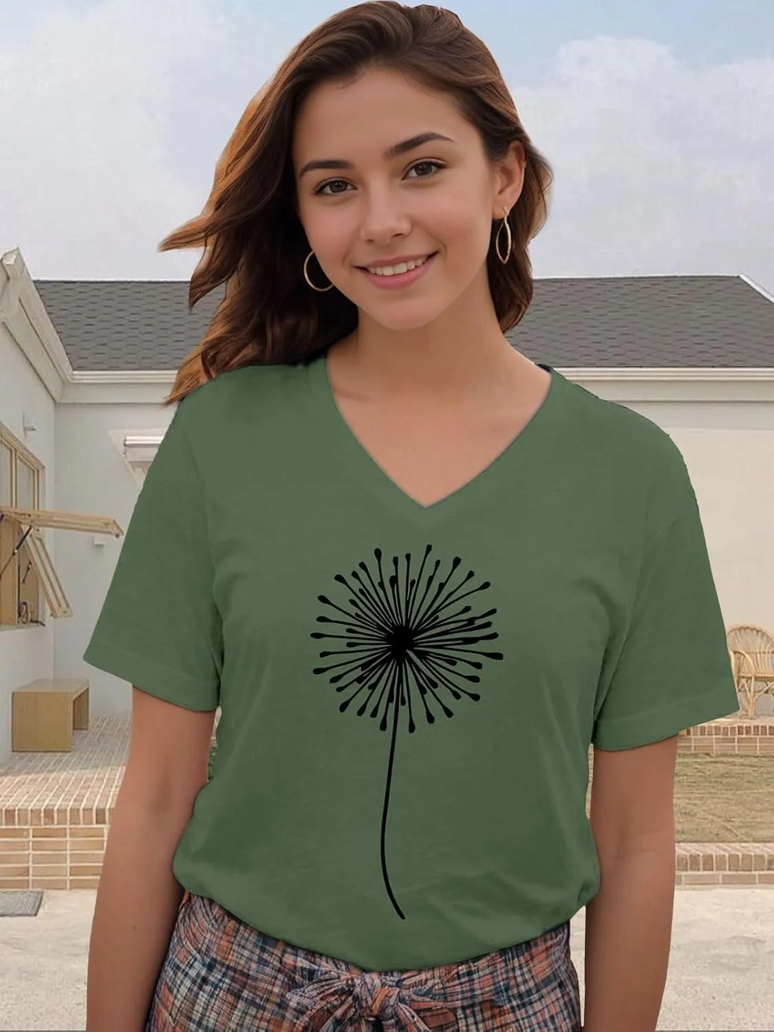 Flower Kindly Shirt for Women Funny Wildflower Plant T-Shirt Bohemian Summer Vacation V Neck Tops