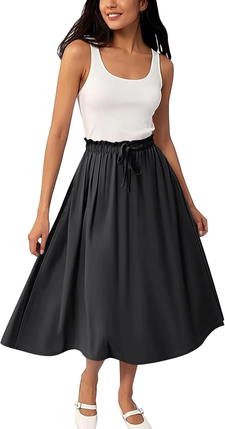 GOFULY Skirts for Women Midi Length Trendy Summer Print A Line Skirt Knee Drawstring Elastic High Waist Smocked Skirt