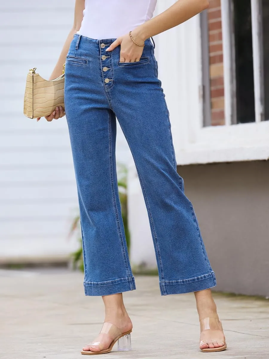 High Waisted Stretchy Cropped Jeans for Women Wide Leg Jeans Loose Denim Pants
