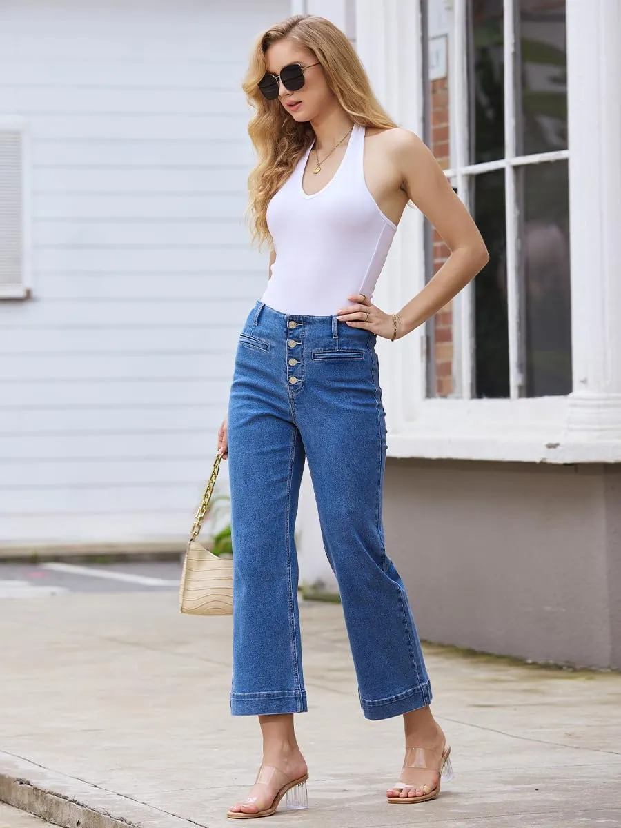 High Waisted Stretchy Cropped Jeans for Women Wide Leg Jeans Loose Denim Pants
