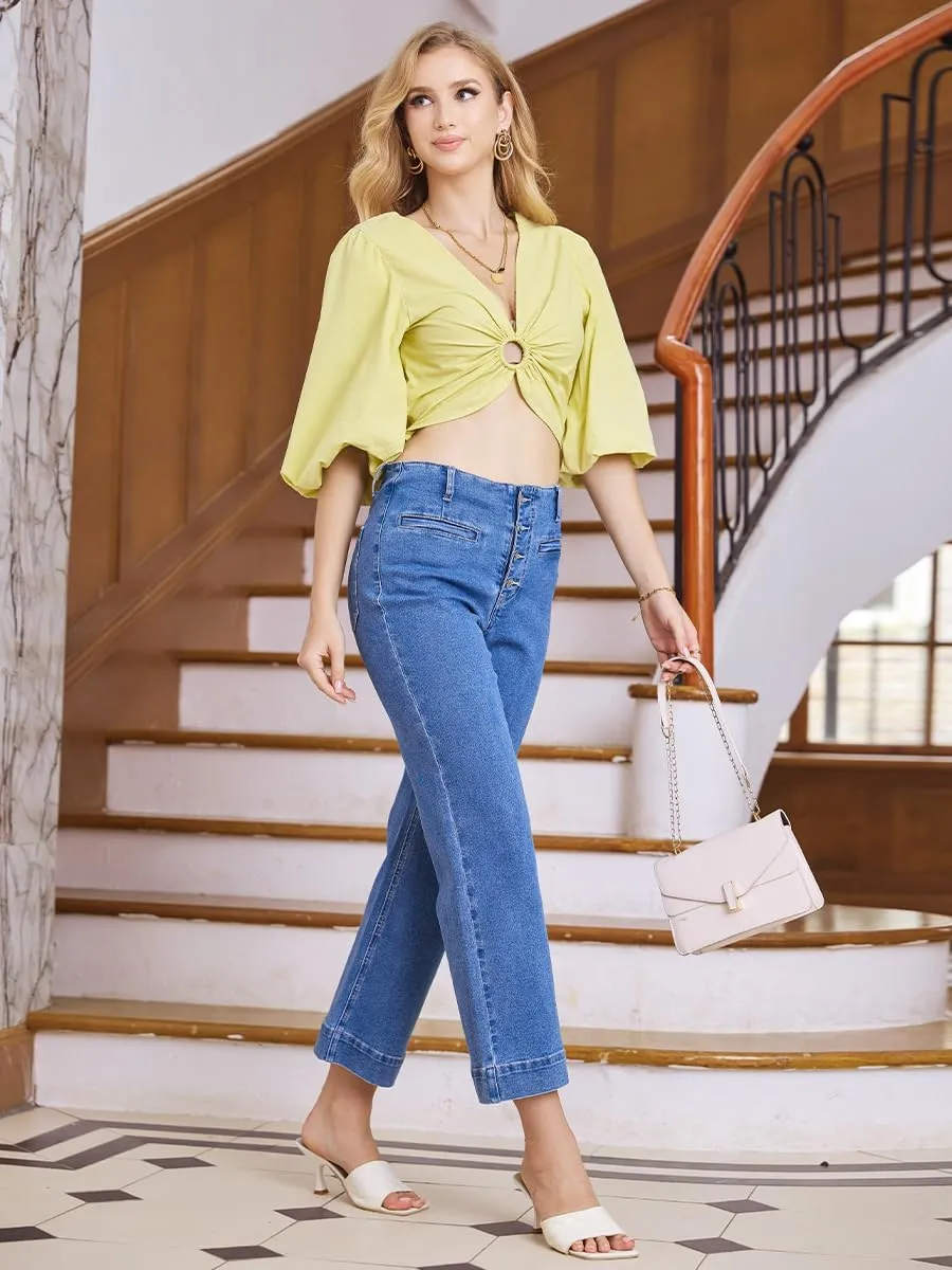 High Waisted Stretchy Cropped Jeans for Women Wide Leg Jeans Loose Denim Pants