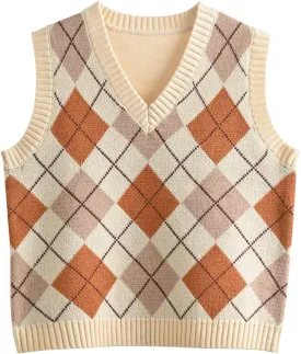Hyipels Women's Sweater Vest,Y2K Sleeveless Pattern Preppy Style Knitted Crop Tank Top for Girl