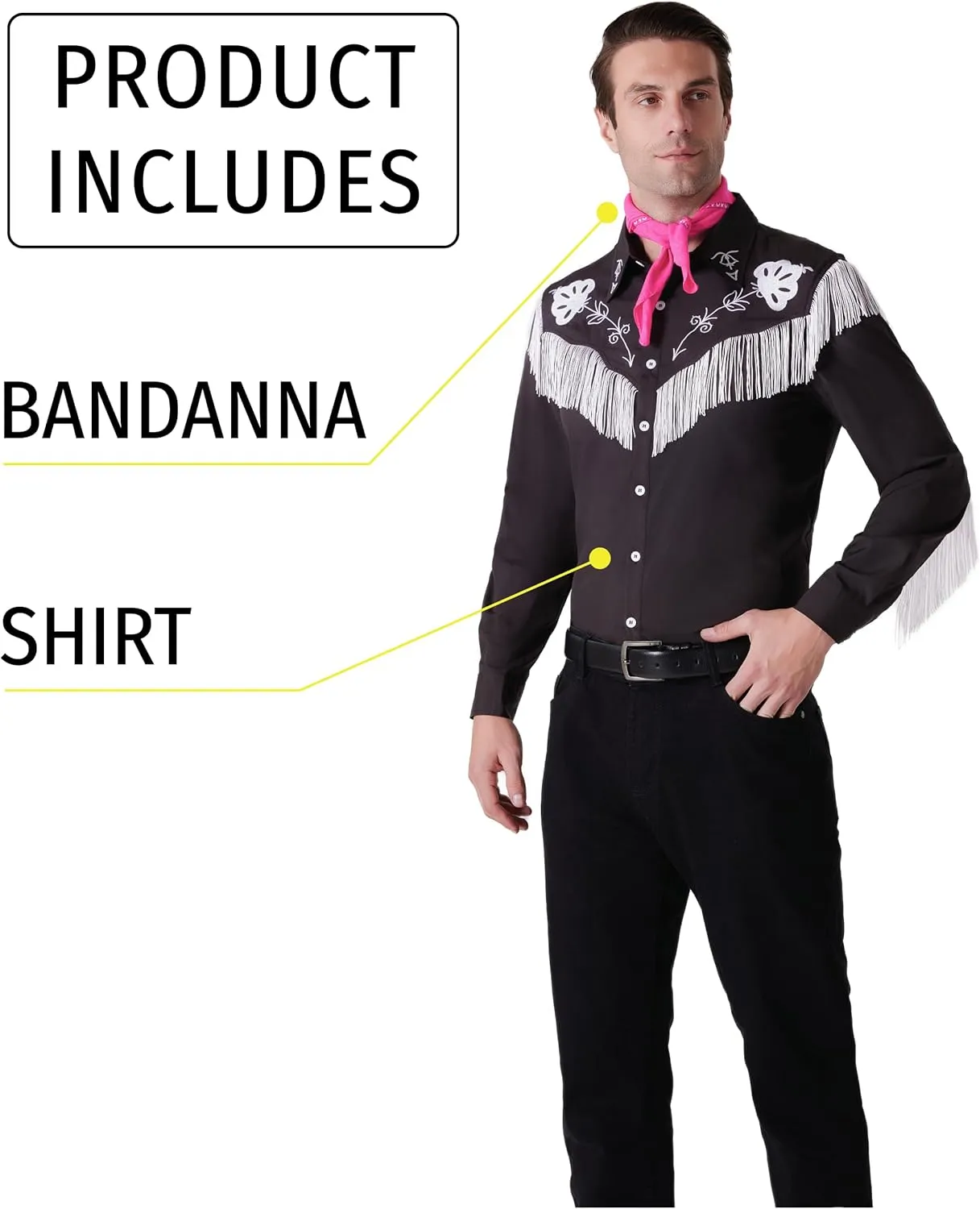 Maxim Party Supplies Western Fringe Shirt Cowboy Costume for Men, 80s 90s Retro Long Sleeve Shirt with Pink Scarf
