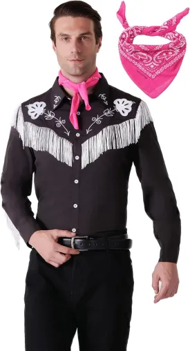 Maxim Party Supplies Western Fringe Shirt Cowboy Costume for Men, 80s 90s Retro Long Sleeve Shirt with Pink Scarf