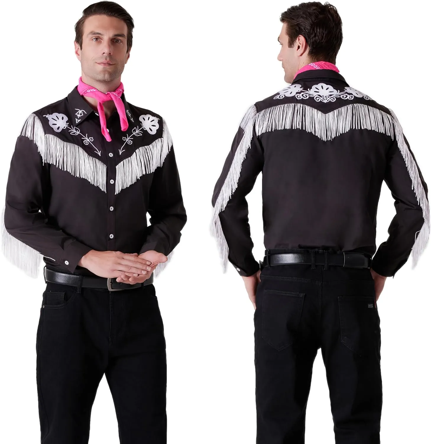 Maxim Party Supplies Western Fringe Shirt Cowboy Costume for Men, 80s 90s Retro Long Sleeve Shirt with Pink Scarf
