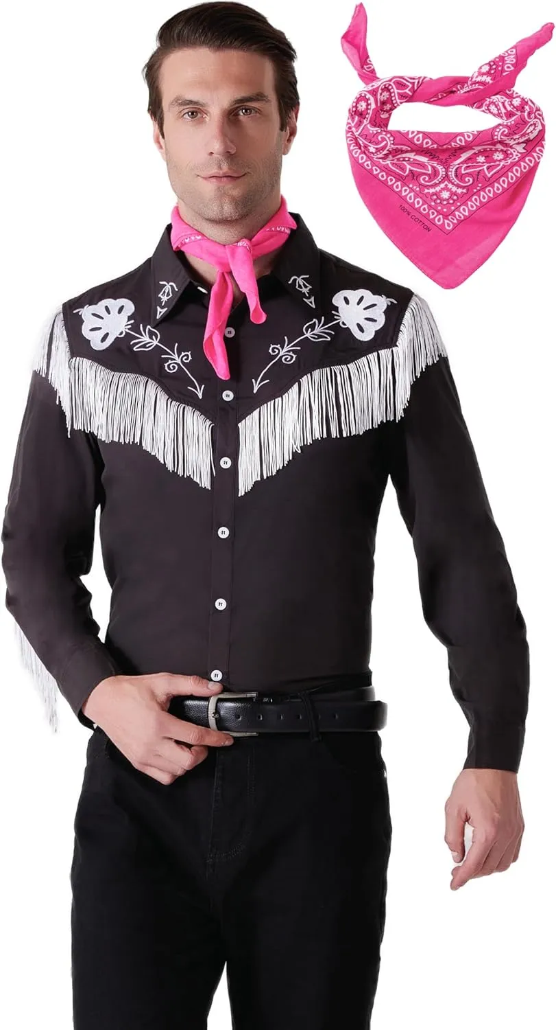 Maxim Party Supplies Western Fringe Shirt Cowboy Costume for Men, 80s 90s Retro Long Sleeve Shirt with Pink Scarf