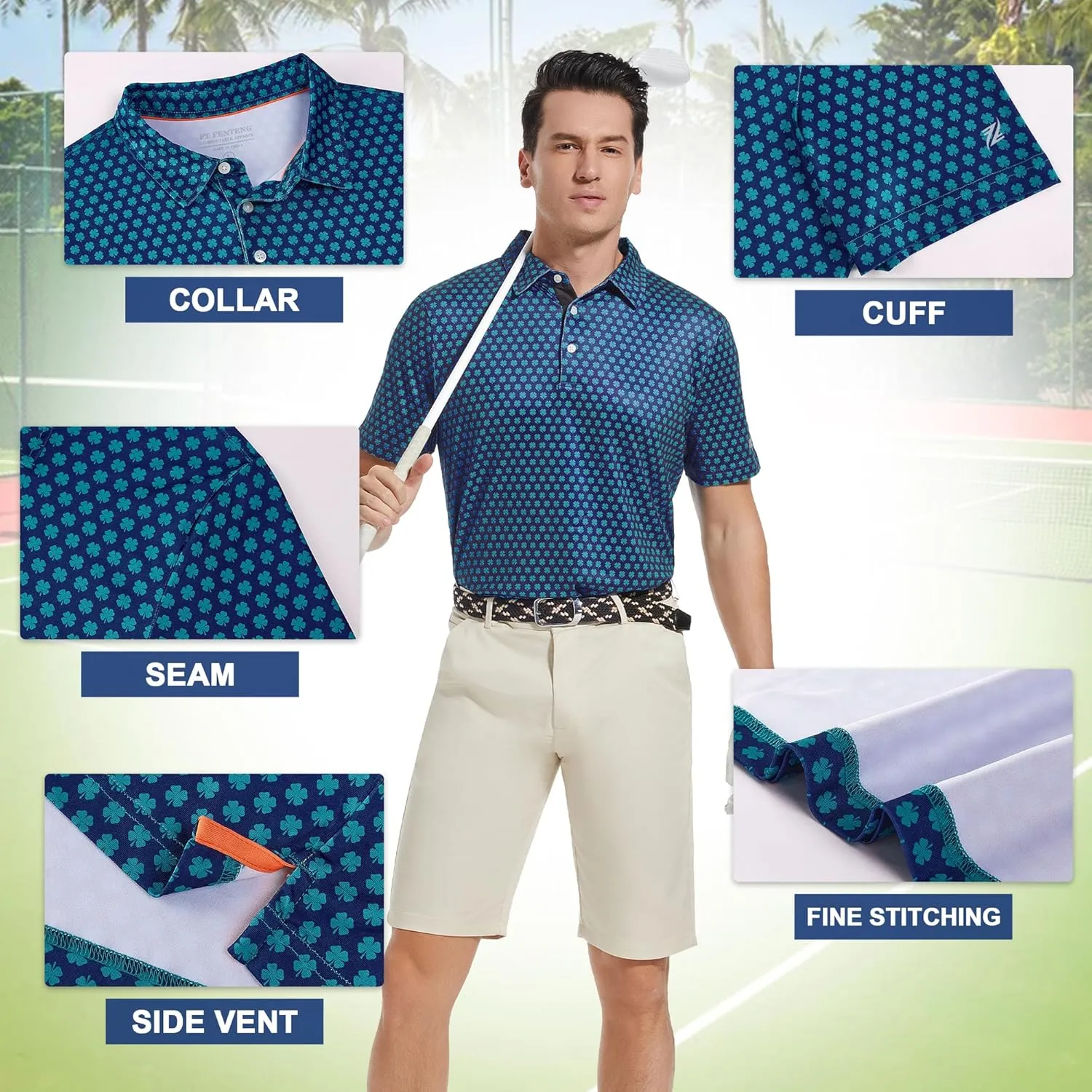 Mens Golf Shirt Short Sleeve Dry Fit Print Moisture Wicking Performance Patterns Collared Polo Shirt