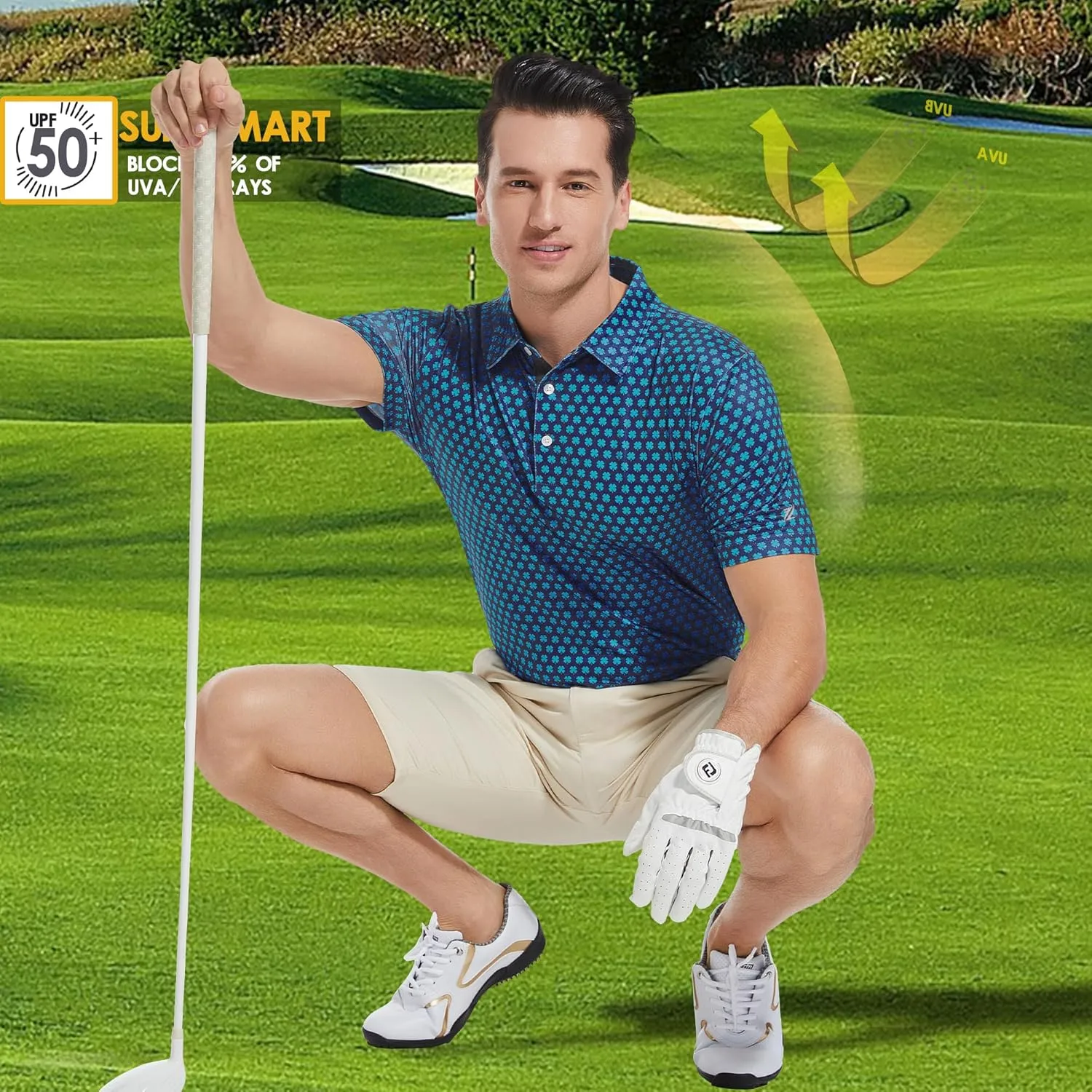Mens Golf Shirt Short Sleeve Dry Fit Print Moisture Wicking Performance Patterns Collared Polo Shirt