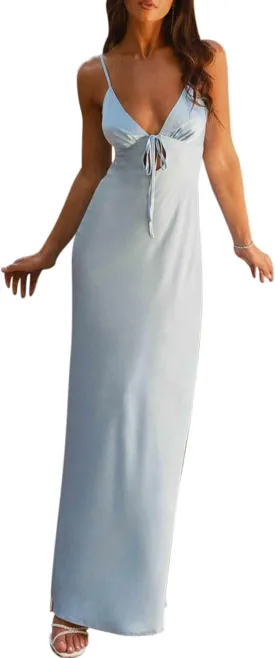 NUFIWI Women Spaghetti Strap Satin Maxi Dress V Neck Cutout Bodycon Long Dress Backless Party Cocktail Wedding Dress