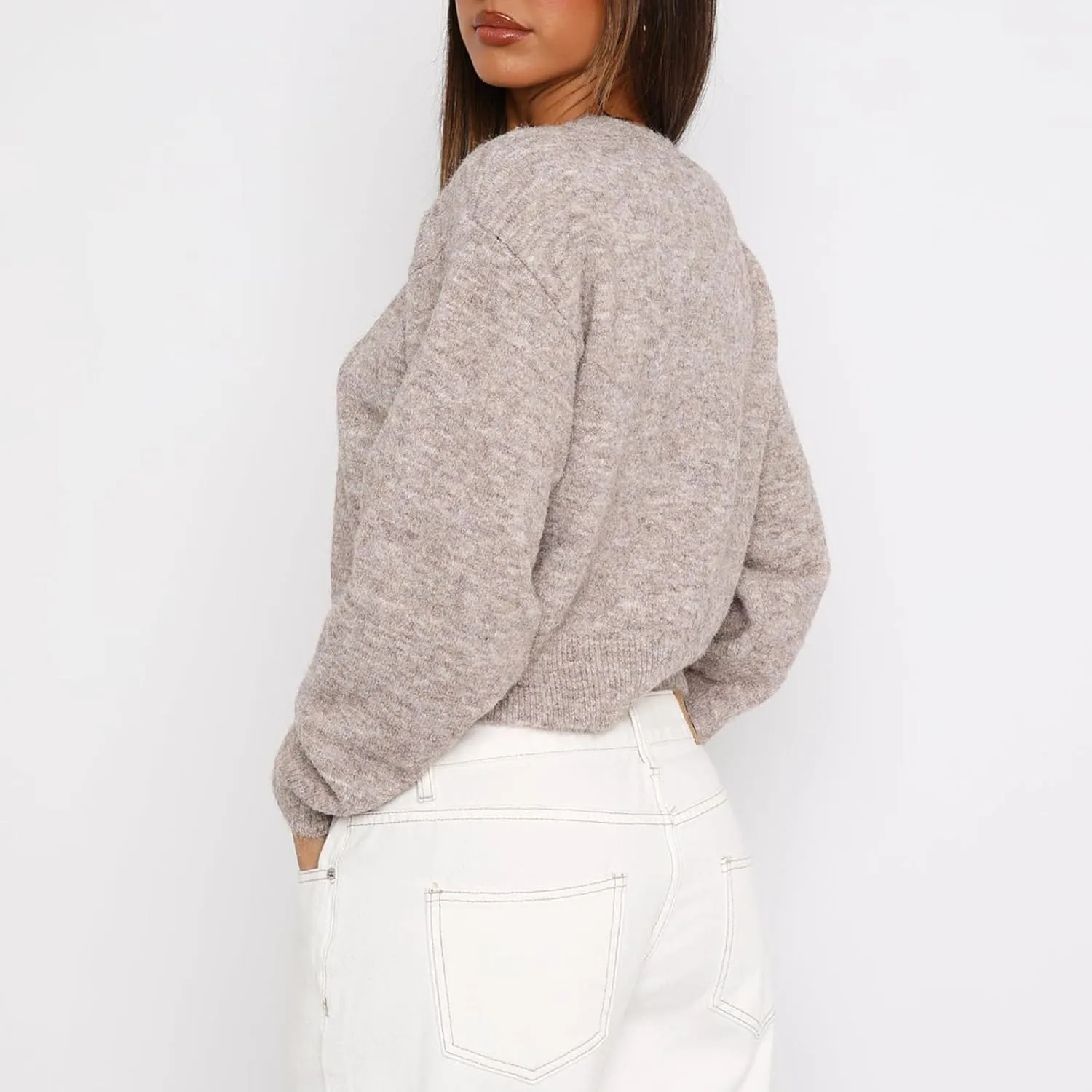 RUEWEY Women Y2k Crew Neck Button Down Long Sleeve Cropped Cardigan Knitted Sweater Light Jacket