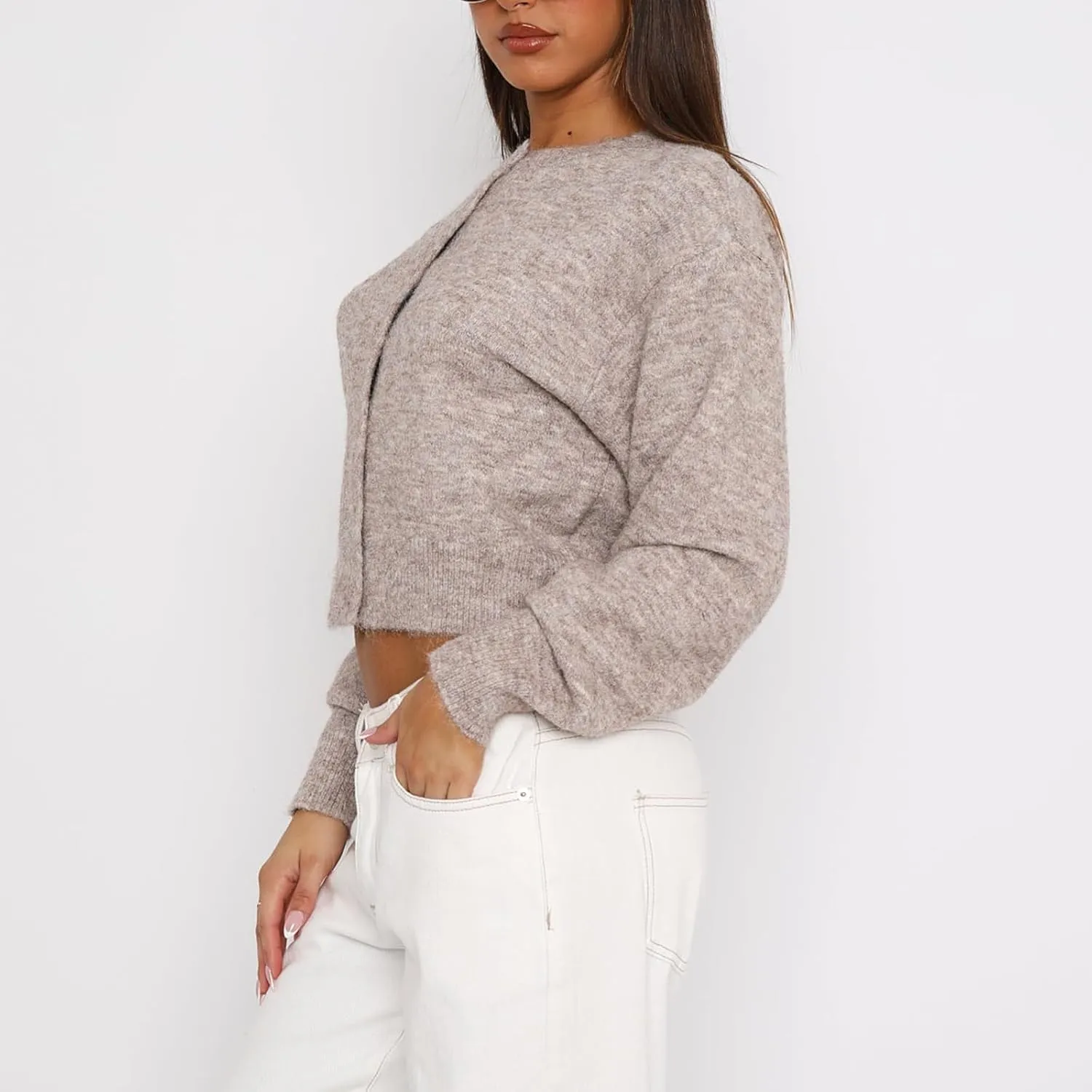 RUEWEY Women Y2k Crew Neck Button Down Long Sleeve Cropped Cardigan Knitted Sweater Light Jacket