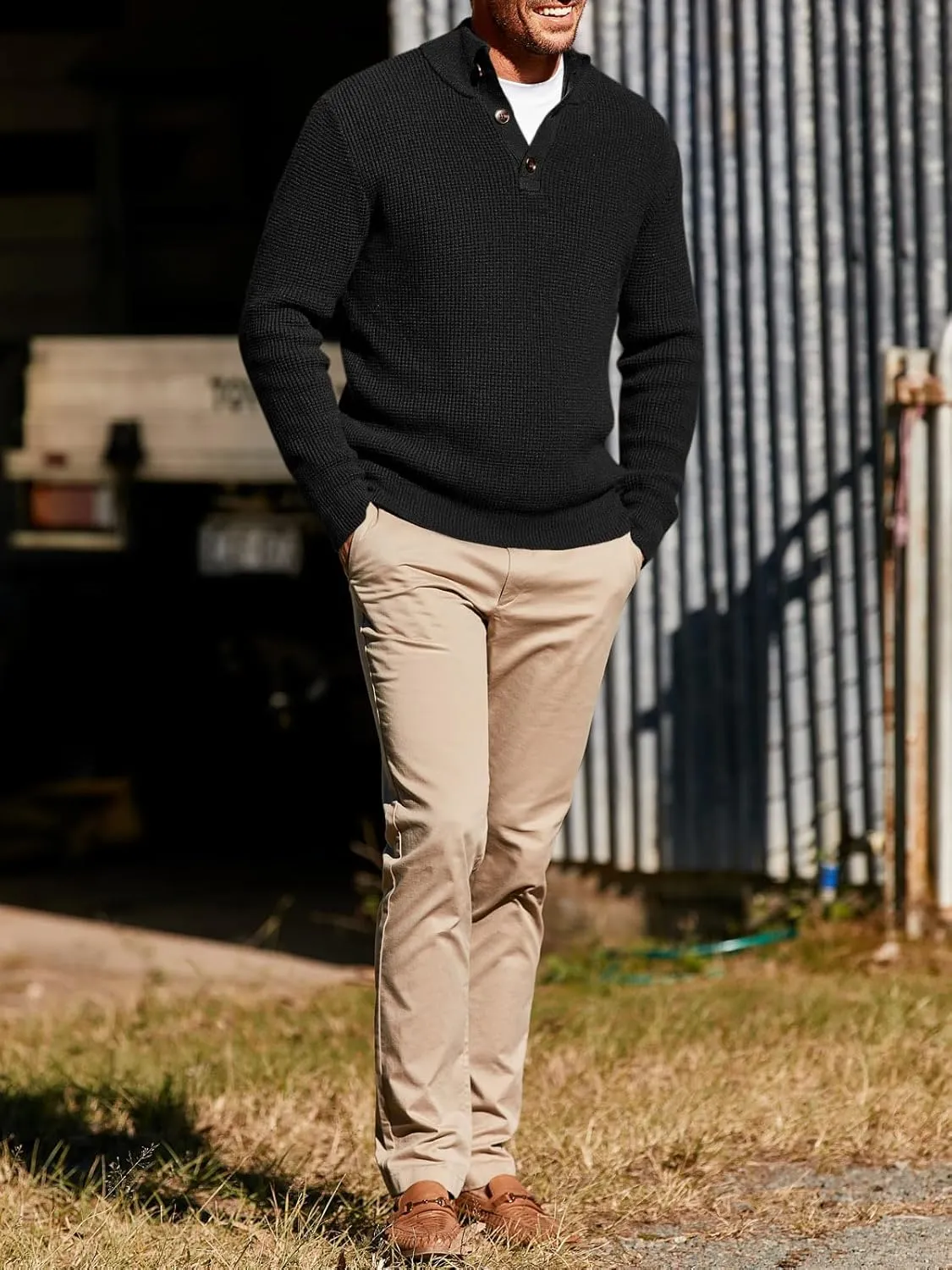 Runcati Mens Pullover Sweater Knitted Quarter Button Stand Collar Casual Thermal Henley Sweaters