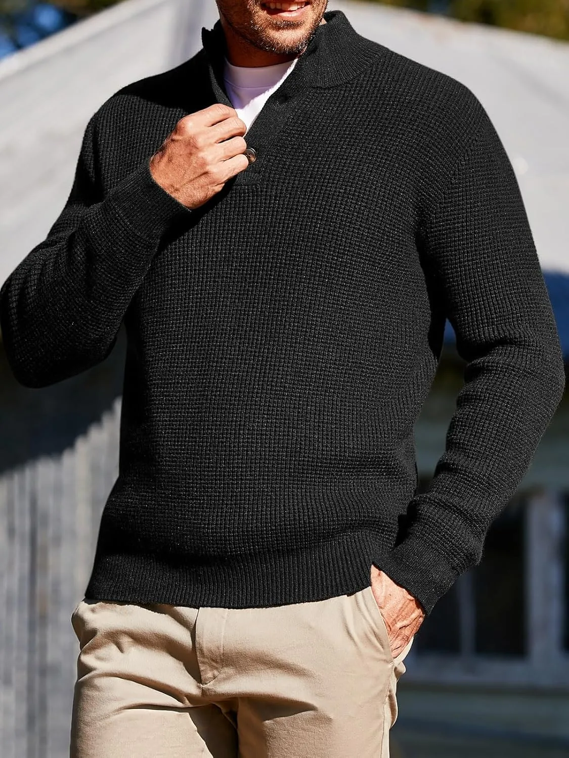 Runcati Mens Pullover Sweater Knitted Quarter Button Stand Collar Casual Thermal Henley Sweaters