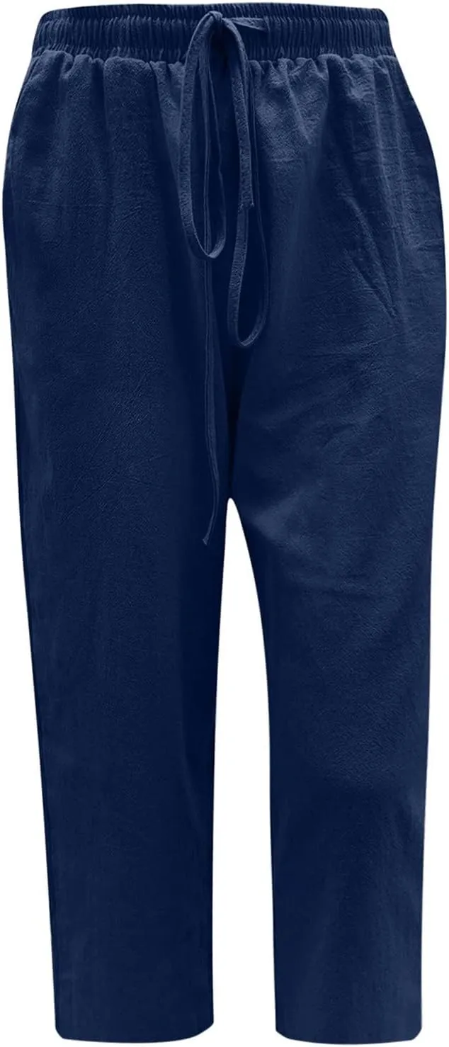 SMIDOW Cotton Linen Wide Leg Pants for Women Casual Summer Drawstring Elastic Waist Capris Loose Cropped Trouser with Pockets