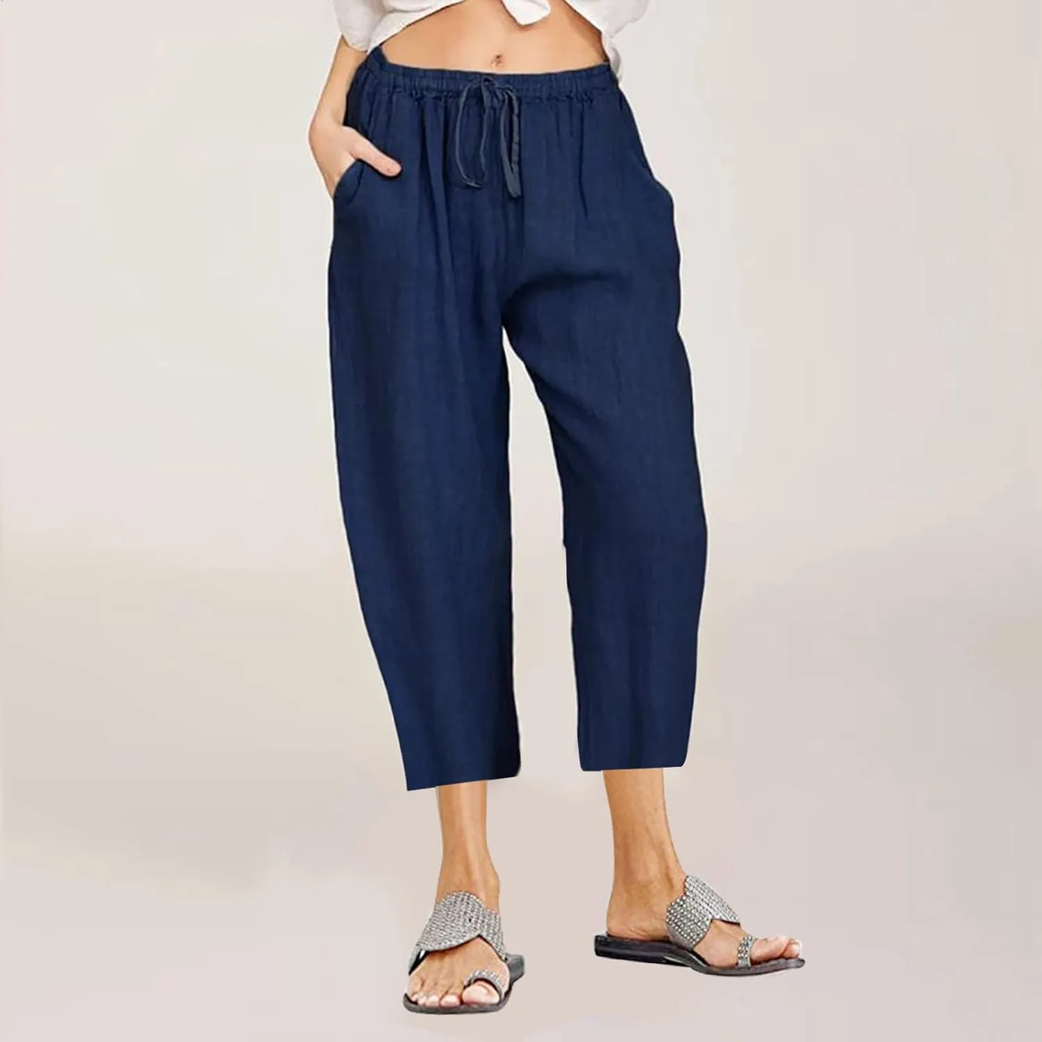 SMIDOW Cotton Linen Wide Leg Pants for Women Casual Summer Drawstring Elastic Waist Capris Loose Cropped Trouser with Pockets