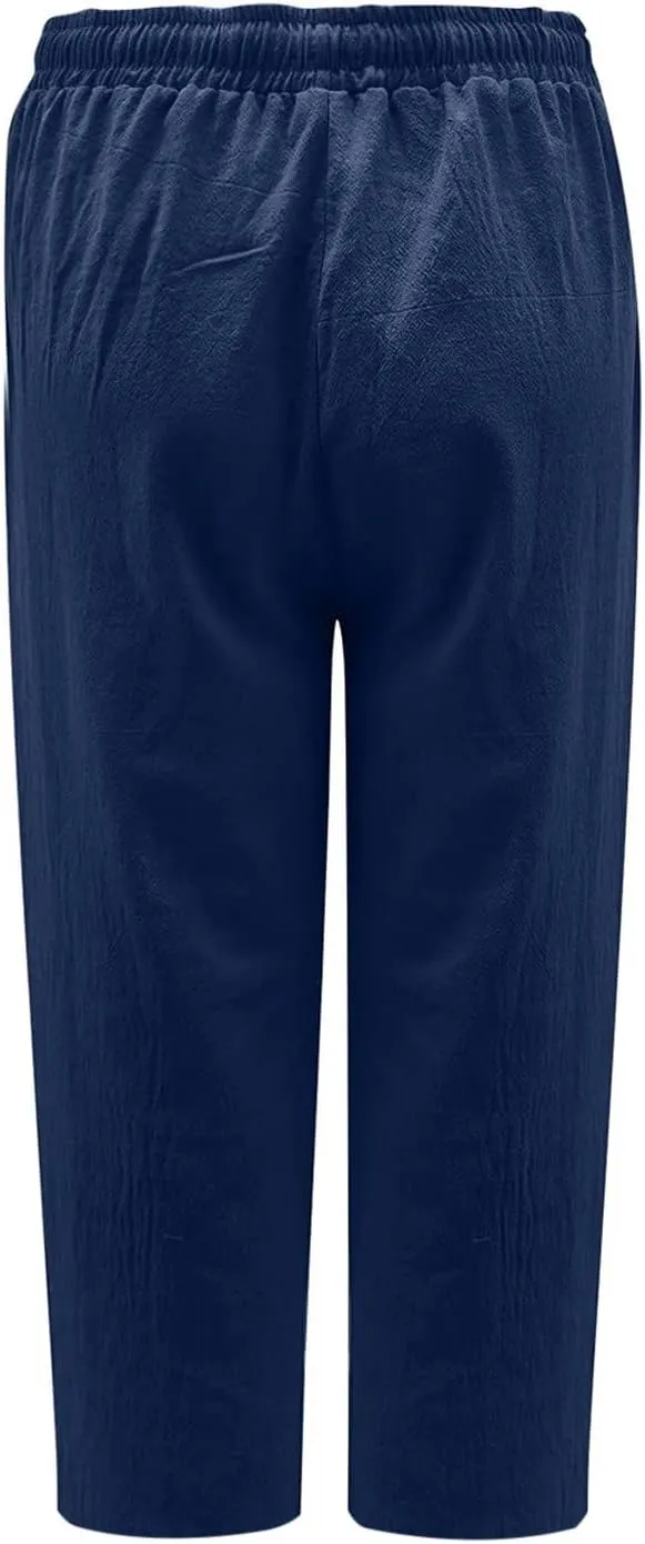 SMIDOW Cotton Linen Wide Leg Pants for Women Casual Summer Drawstring Elastic Waist Capris Loose Cropped Trouser with Pockets