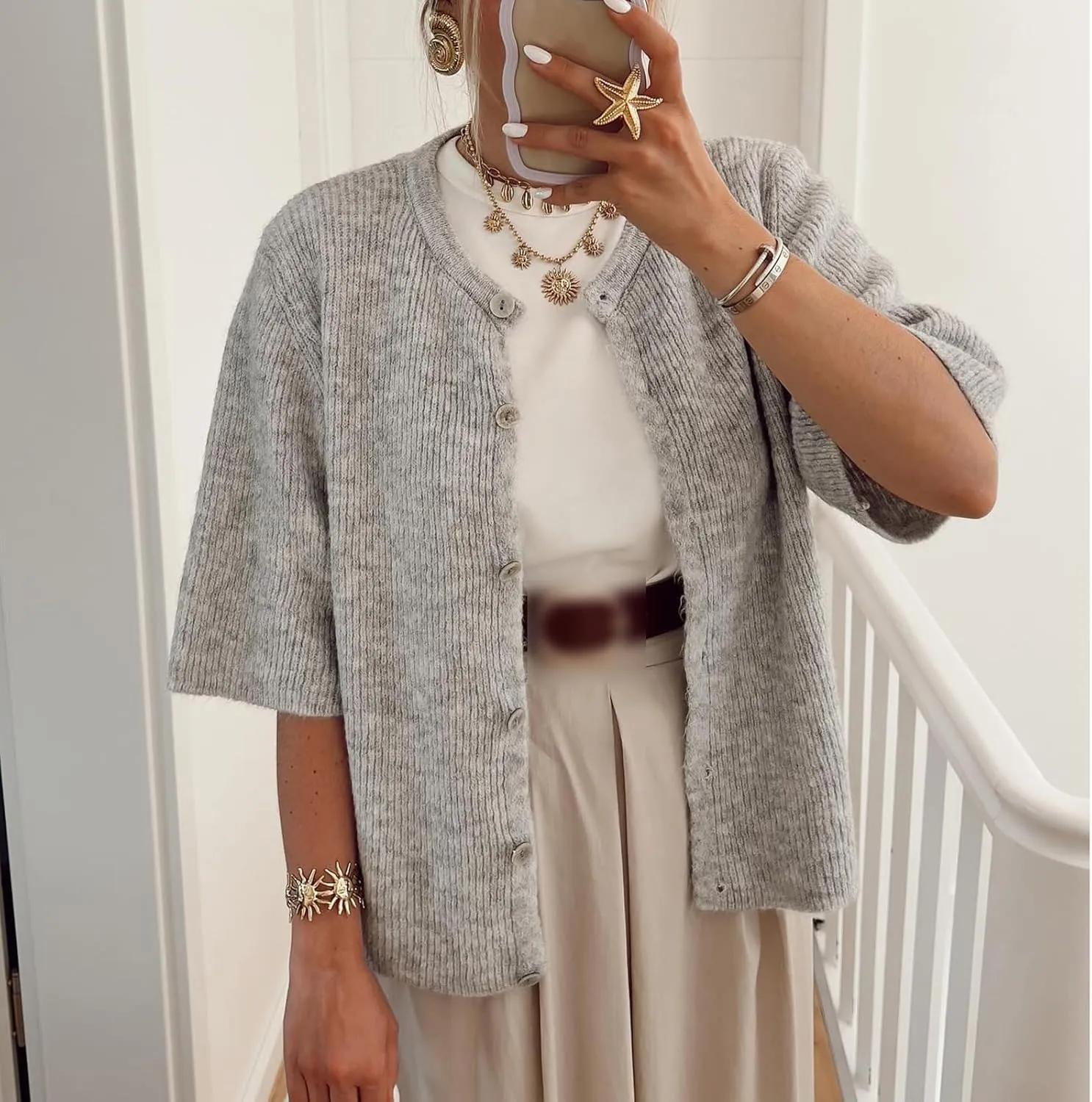 Sumleno Womens Ribbed Knit Cardigan Y2k Crop Top Short Sleeve Button Down Open Front Sweater Loose Casual Cardigan