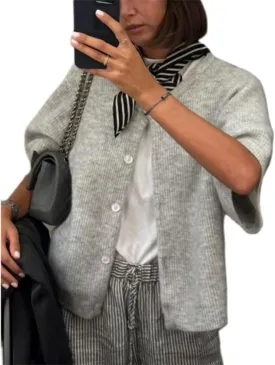Sumleno Womens Ribbed Knit Cardigan Y2k Crop Top Short Sleeve Button Down Open Front Sweater Loose Casual Cardigan